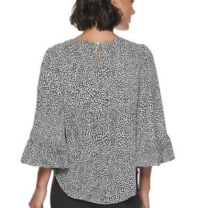 Apt 9 Ruffled Kimono Sleeve Blouse Bell Sleeve Animal Print Black White